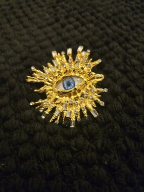 Schiaparelli Inspired Gold Evil Eye Sunburst Ring with Blue Center